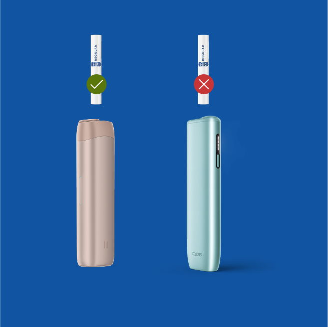 Illustratsioon, mis näitab, et Fiit tubakapulk sobib Lil seadmele, aga mitte IQOS ILUMA-le.