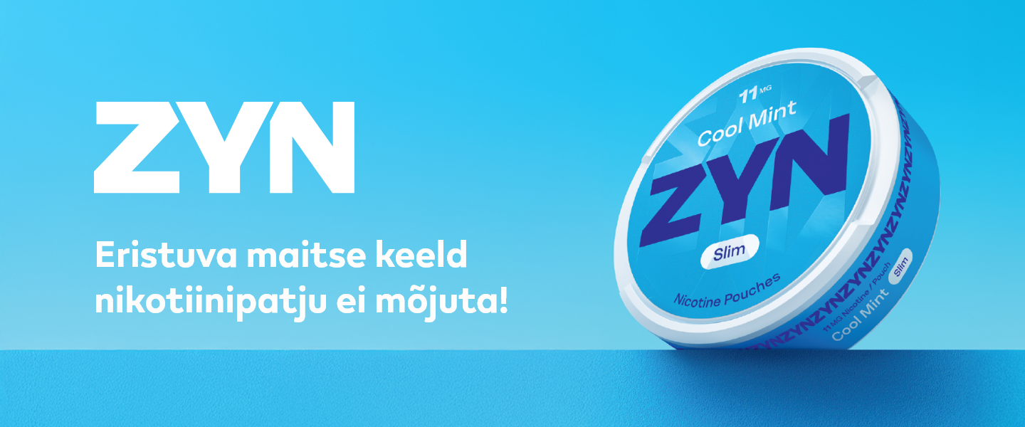 Sinisel taustal ZYN toode. Teave, et Eristuva maitse keeld nikotiinipatjadele ei kehti